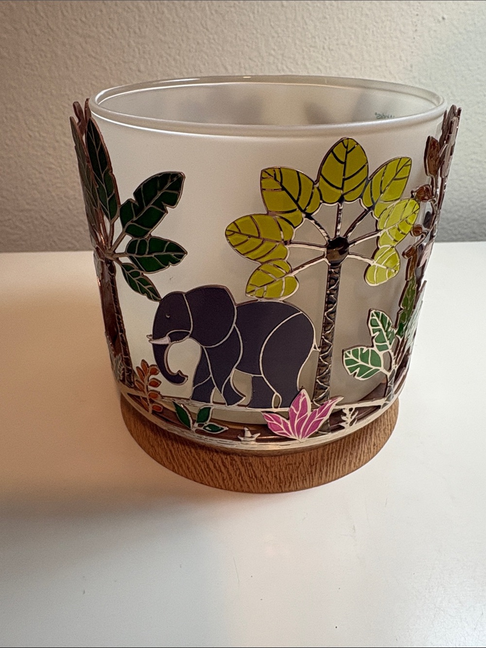 Bath & Body Works Elephant Jungle enameled metal Candle Holder with Wooden Base - Picture 5 of 15